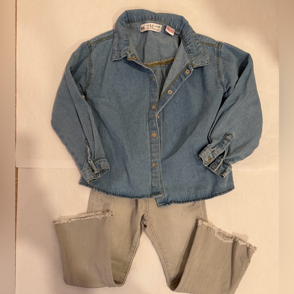 Zara Denim Button-Up Shirt and Gray Jeans Set